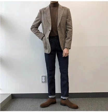 Autumn and Winter Casual Men's Retro Tweed Houndstooth Suit Men's Plus Size Outwear British Gentleman Wool Suit Trendy