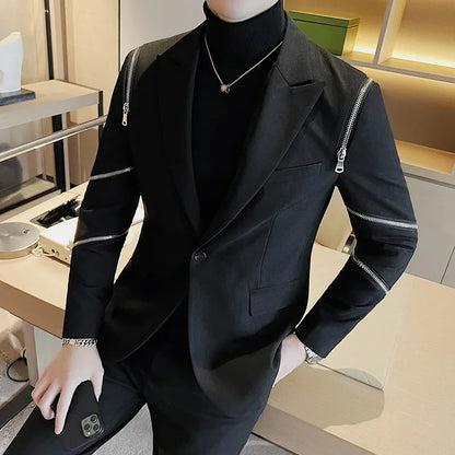 2024 Autumn New Zipper Decoration Blazer Men Casual Slim Fit Business Dress Coats Homme Formal Social Prom Tuxedo Men Clothing