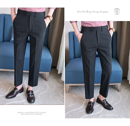 Men's Elastic Waist Striped Suit Pants 2025 New Social Casual Trousers Slim Fit Suit Pants Business Office Wedding Men Clothing
