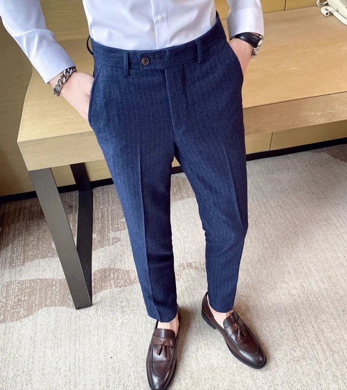 Boutique Classic Plaid and Striped Fashion Men's Casual Business Slim Suit Pants Groom Wedding Dress Trousers Party