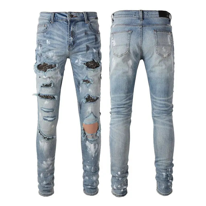 2025 Men's Diamond-encrusted Jeans Ripped High Street Trendy Brand Ink Splashing Patch Distressed Designer Elastic Retro Pants