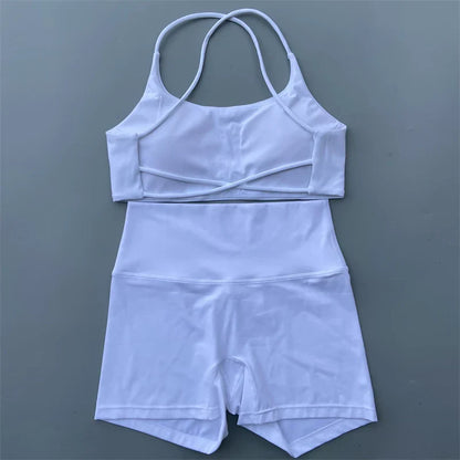 Yoga Shorts Set Gym Two Piece Sports Set Women Workout Outfit Fitness Suit Cross Straps Bra High Waist Shorts Running Tracksuit
