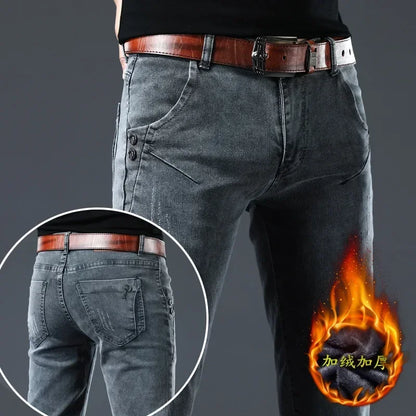 Winter Thick Plus Velvet Men Middle Waist Skinny Jeans Simple Fleece Warm Slim Fit Stretch Boy Casual Denim Pencil Pants