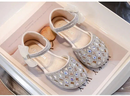 Girls Sandals Shiny Crystal Ins Trendy 2026 Summer New Kids Princess Shoes Mesh Lace Bows Girls Dance Shoes Elegant Hollowed-out