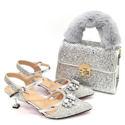 2022 Nigerian Fashionable Silver Color Peep Toe Shoes Matching Bag Set For Royal Ladies Wedding Party Sandal