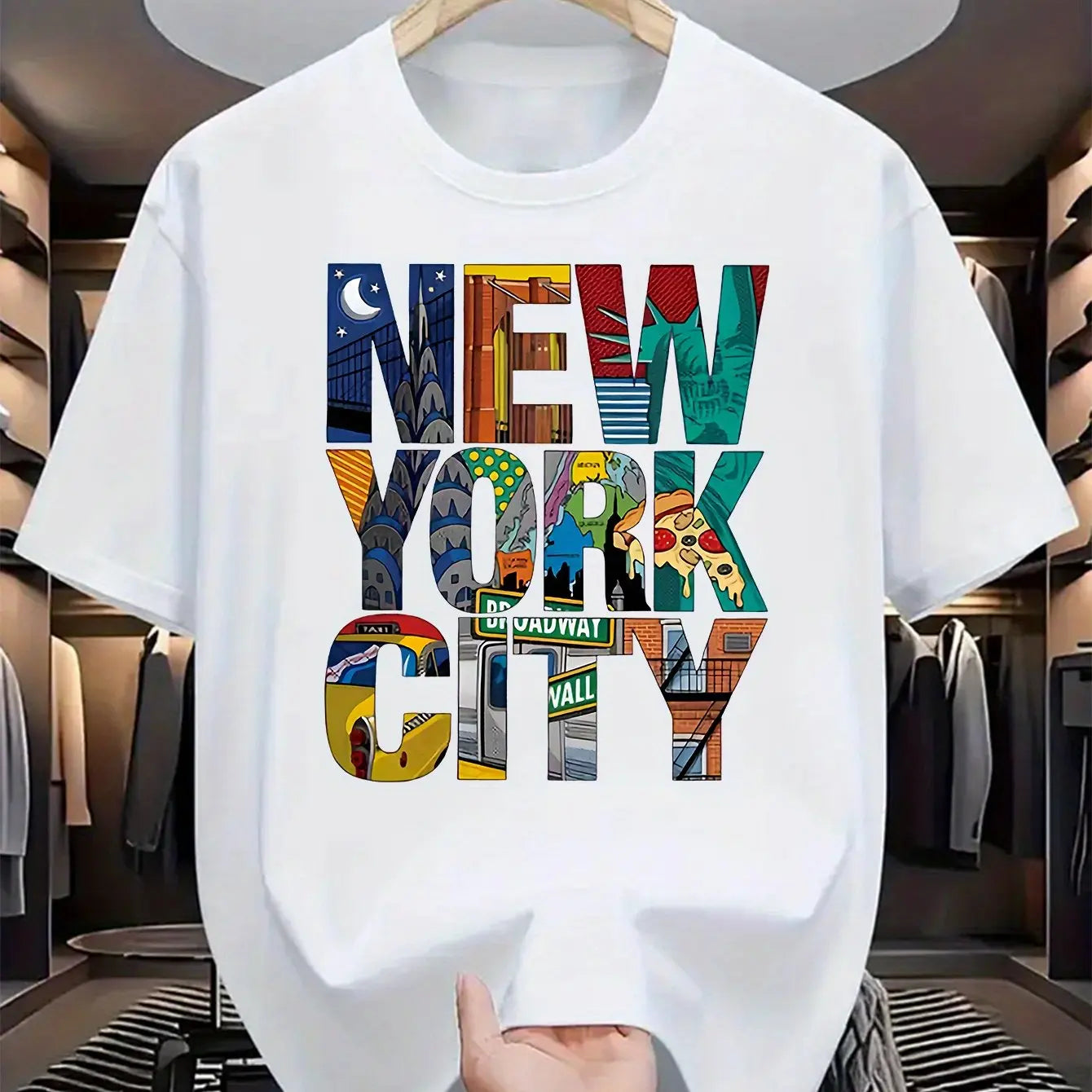 Summer men's 100% pure cotton casual loose fit plus size New York City printed comfortable round neck short sleeved T-shirt top