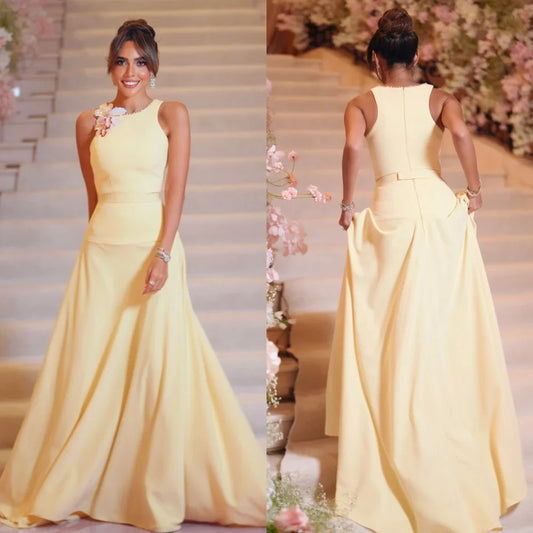 Customized Casual Pastrol Chiffon Handmade Flower Rhinestone Beading Straight Scoop Neck Long Dresses Bespoke Occasion Dresses