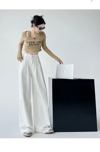 White Thin Pleated High Waist Non-Light Wide Leg Jeans Women's American High-End Loose Straight Lazy Floor-Length Pants