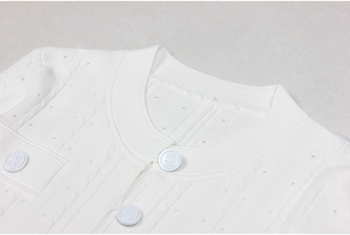 Three Color High-quality New Fashionable Elastic Knitted Hollow Round Neck Single Breasted Short Sleeved Slim Fit Women's Dress