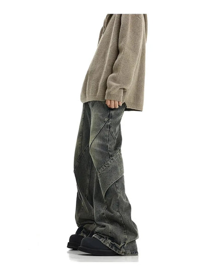 Men Jeans Denim Flare Pants Floor Length Pant Splice High Waist Irregularity Loose Casual Straight Trousers Autumn Winter 2025