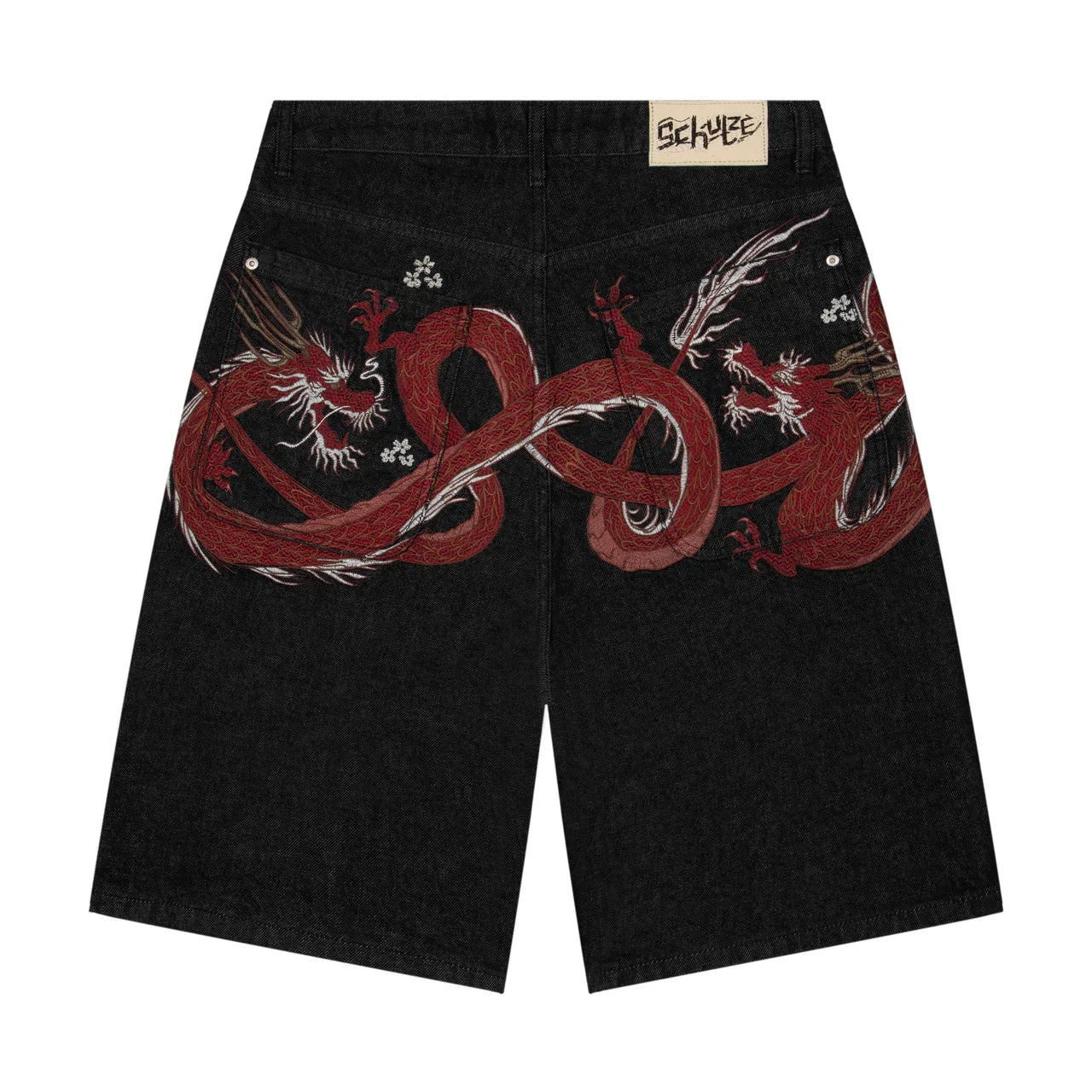 Men Dark Wash Denim Shorts Back Pocket Cherry Blossom Embroidered Loose Fit Knee Length Vintage Streetwear Casual Summer Wear