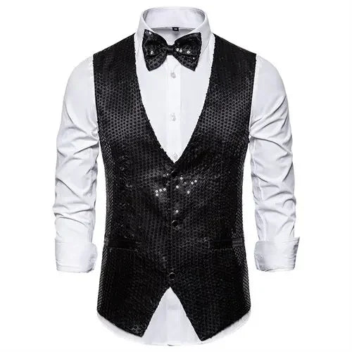 New Gold Sequin Vest Men's Single-breasted V-neck Sleeveless Vests Coat Wedding Party Waistcoat Silver Blue Purple Red Tops