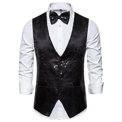 New Gold Sequin Vest Men's Single-breasted V-neck Sleeveless Vests Coat Wedding Party Waistcoat Silver Blue Purple Red Tops
