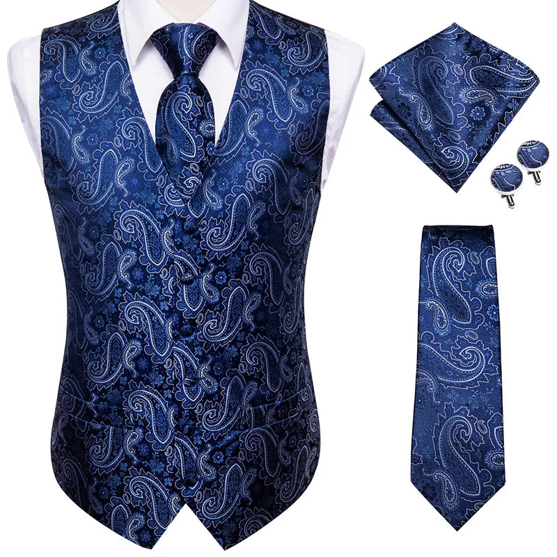 Hi-Tie Black Luxury Paisley Men's Vest Set Hanky Cufflinks For Wedding 100% Silk Vest For Men Gold Waistcoat Yellow Classic Vest