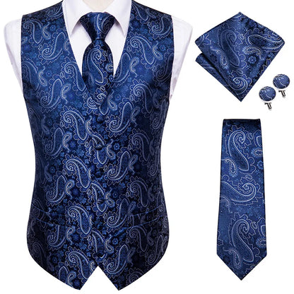 Hi-Tie Black Luxury Paisley Men's Vest Set Hanky Cufflinks For Wedding 100% Silk Vest For Men Gold Waistcoat Yellow Classic Vest