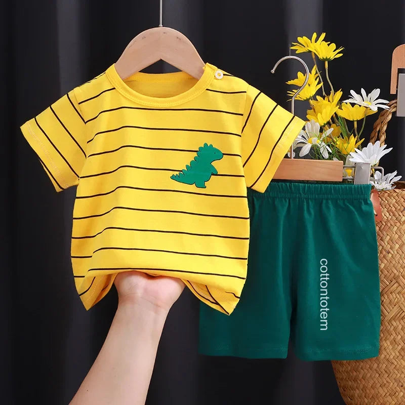 Cotton Short Sleeve T-shirts and Shorts 2PCS Breathable Outfit For Girls New Boys Summer Clothing Set Full Bear Print