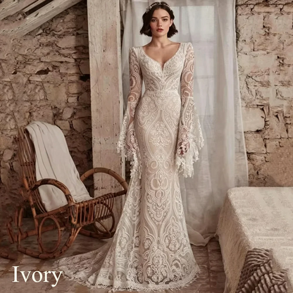2026 Boho Mermaid Wedding Dresses Long Sleeve Pleat Sexy Lace Illusion Bridal Gown V-Neck Backless Zipper Sweep Train Customized