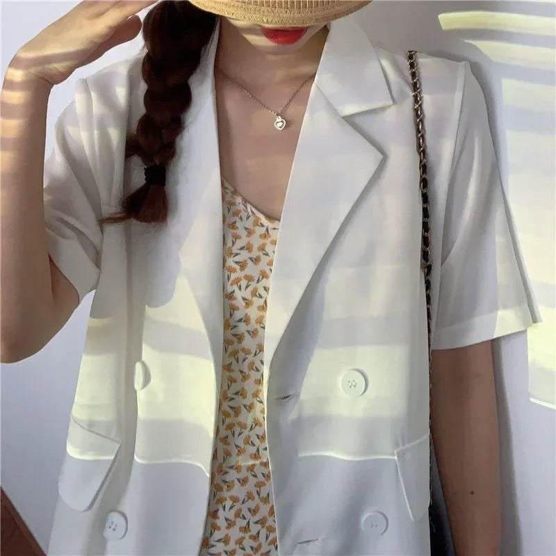 2025 Women's Summer Short-sleeved Jacket Casual All-match Loose Double-breasted Blazers Coat Woman Korean Chic White Blazer