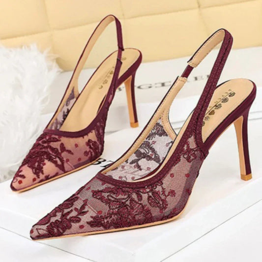 Elegant Embroidered Mesh High Heels for Women Sexy Pointed-toe Designer Pumps Luxury Party Dress Shoes Sandals