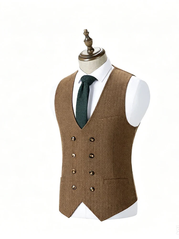 Men Retro British Tweed Double Breasted Suit Vest Plus Size V Neck Herringbone Formal Waistcoat Fashion Outer Vest with Pocket