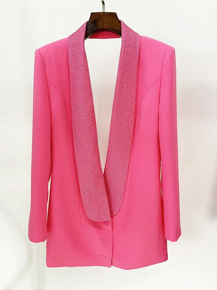 HIGH STREET 2026 Runway Fashion Designer Jacket Women's Stylish Backless Rhinestone Diamonds Beaded Shawl Collar Long Blazer