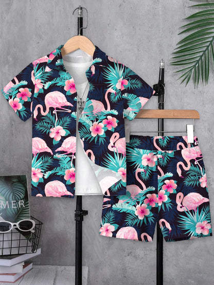 Tween Boys Hawaiian Vacation Style Short Sleeve Shirt And Shorts Set for Outdoor Scene Beach Vacation Casual Outfit Summer