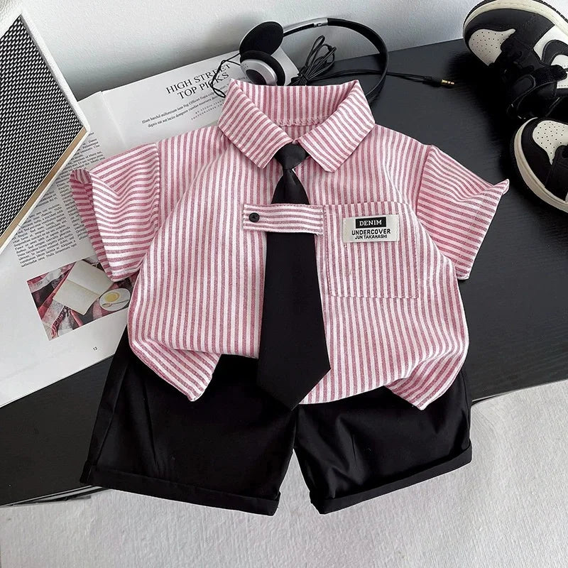 New Toddler Summer Baby Boys/Girls Clothes Suits Children Pinstripe Shirt with Tie Shorts 2Pcs/Set Infant Kids Fashion Outfits