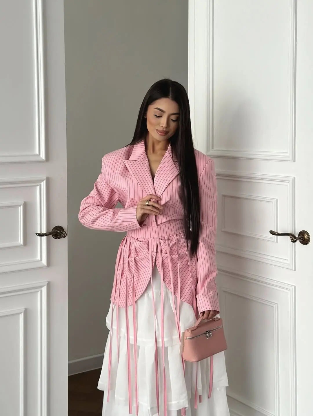 Women's Spring Summer Lapel Stripe Print Fringe Detail Blazer Elegant Formal Party 2026 Trendy Feminine Fashion Blazer