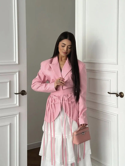 Women's Spring Summer Lapel Stripe Print Fringe Detail Blazer Elegant Formal Party 2026 Trendy Feminine Fashion Blazer