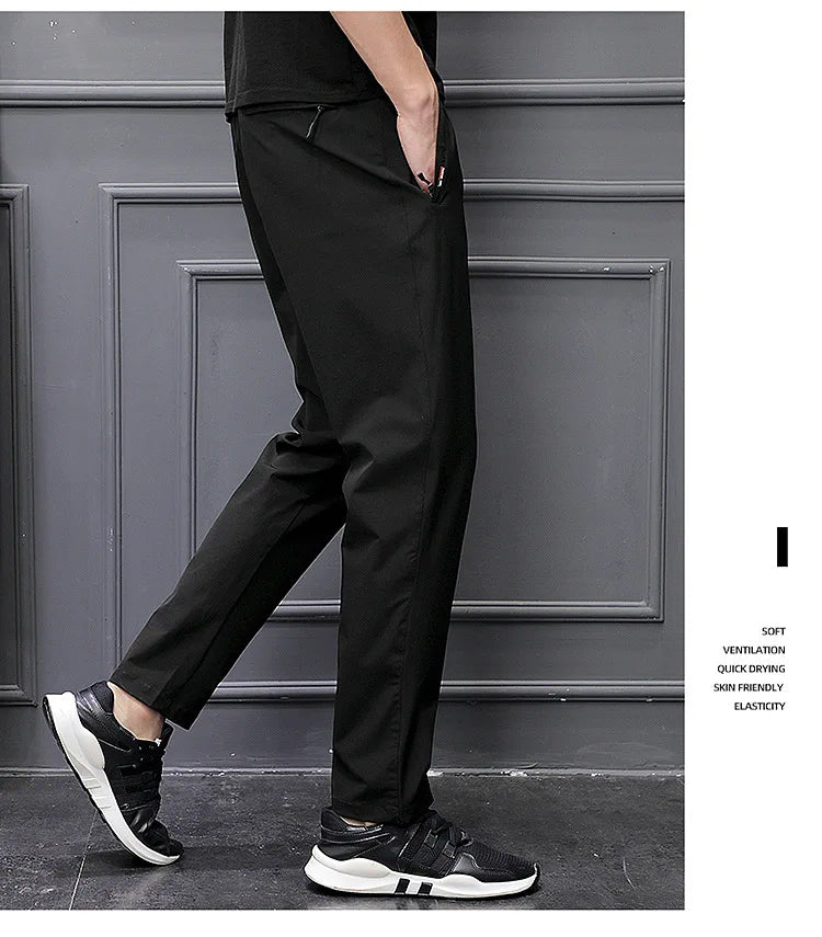 Men's Summer Cargo Pants Big Size Ice Silk Stretch Breathable Straight Leg Pants Quick Dry Elastic Lightweight Long Trousers