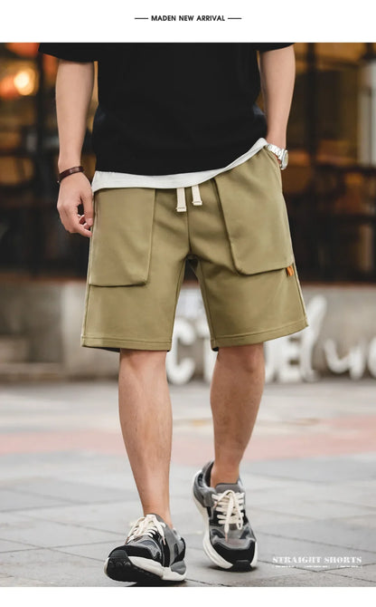 Casual Heavyweight Knit Shorts for Men Straight Loose Large Pockets Sports Short Sweatpants Elastic Waist Athletic Shorts