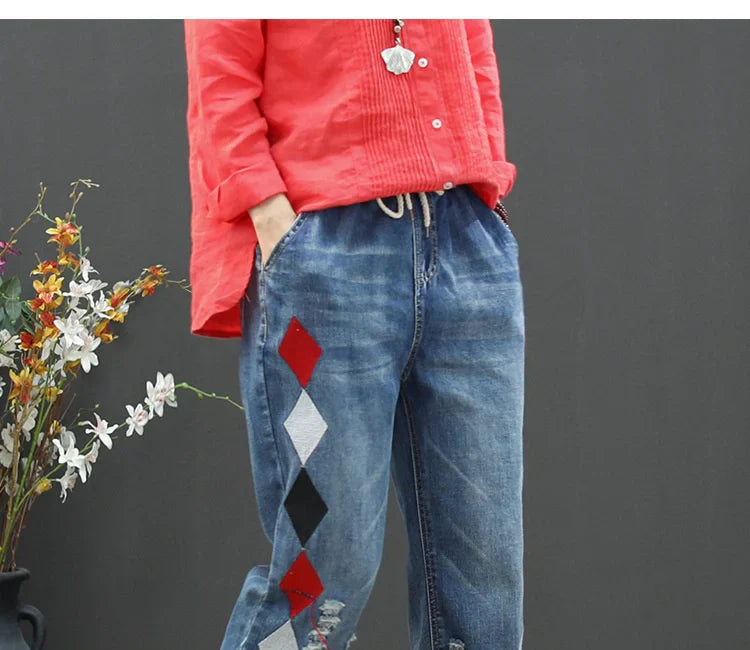 Summer Females Luxury Embroidery Jeans Womens Fashion Vintage Ripped Denim Trousers Loose Holes Elastic Harem Pants