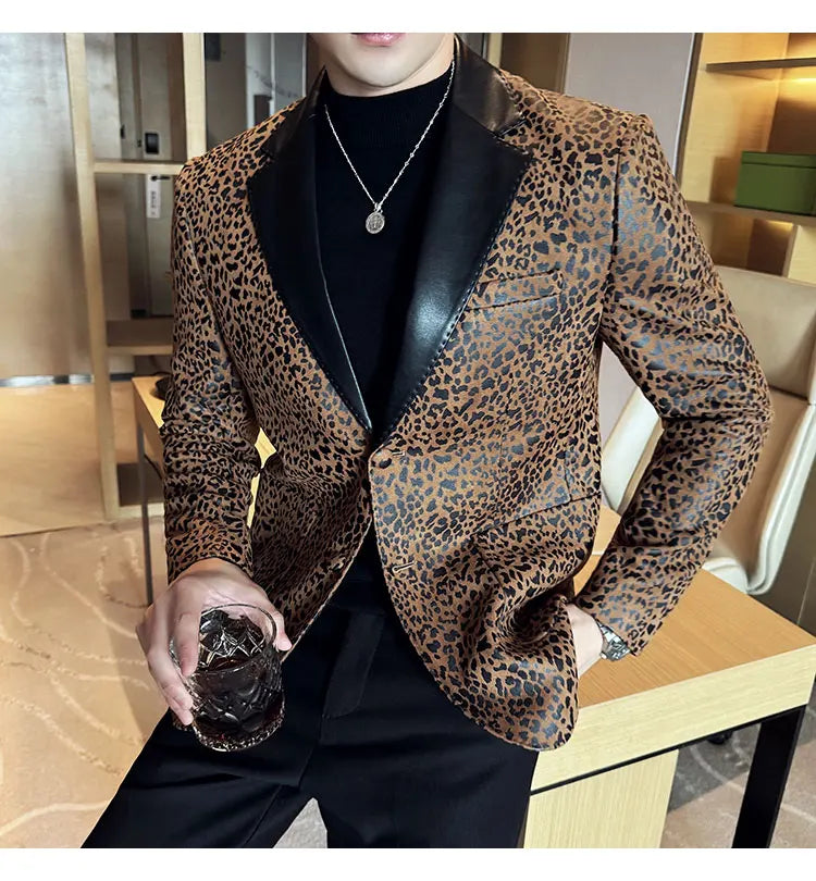 Splicing Leather Neck Casual Suit Jacket Fashion Leopard Men's Business Slim Fit Social Formal Blazers Wedding Groom Tuxedos