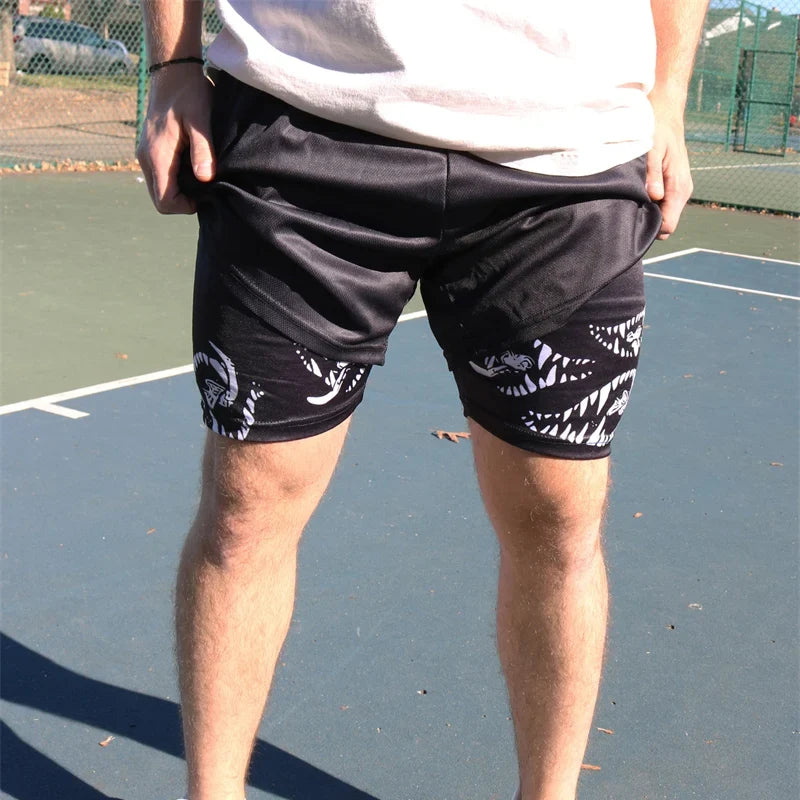Print 2 in 1 Running Shorts for Men Gym Workout Fitness Athletic Shorts with Pockets Summer Activewear Quick Dry Stretch