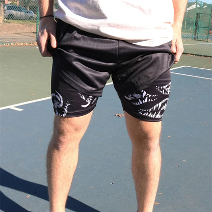 Print 2 in 1 Running Shorts for Men Gym Workout Fitness Athletic Shorts with Pockets Summer Activewear Quick Dry Stretch