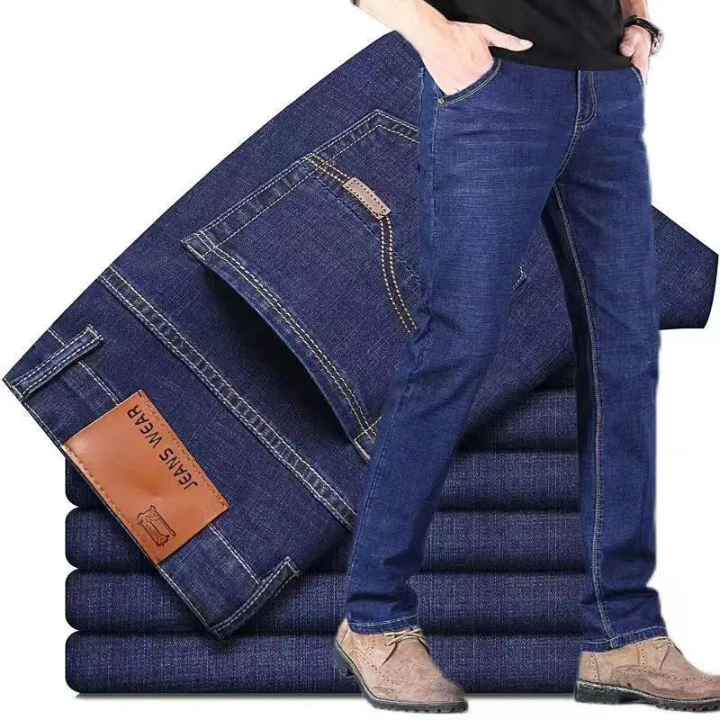 2025 men's fashion business jeans classic style casual elastic slim fit jeans men's denim pants black blue