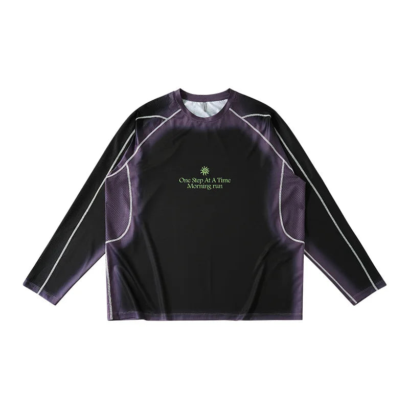Men's Outdoor Running Long Sleeve T-Shirt Gradient Color Digital Print Quick Dry Breathable Sports Top Unisex