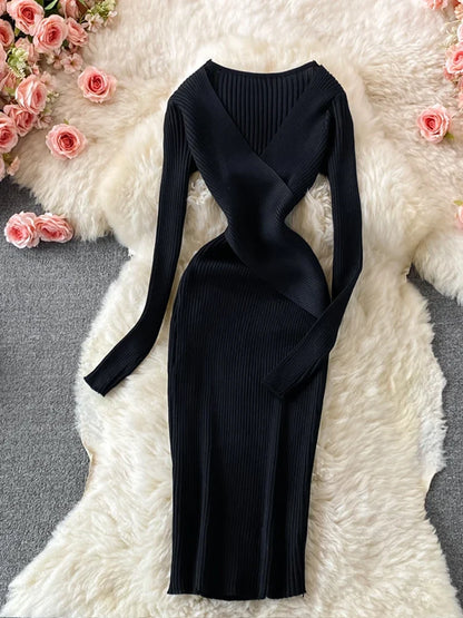 Autumn Winter 2025 Women Dress Elegant Cross V-neck Slim Waist Knitted Bodycon Dress Korean Office Lady Vestidos
