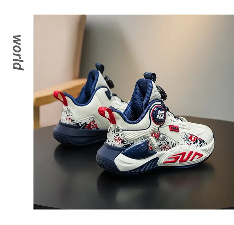 Leather Upper Children Basketball Shoes Rotatory Button Shock Absorbing Boys Shoes