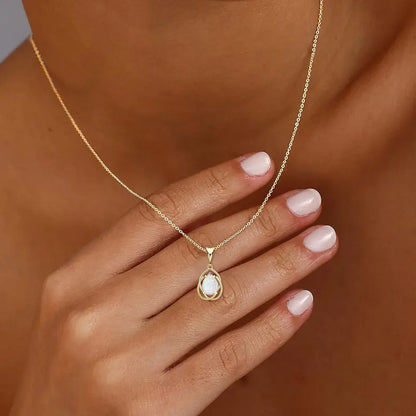 925 Sterling Silver Hollow Pendant Necklace 7*10mm Pear Shape Cut Synthetic Opal Drop Necklaces For Women Wedding Jewelry