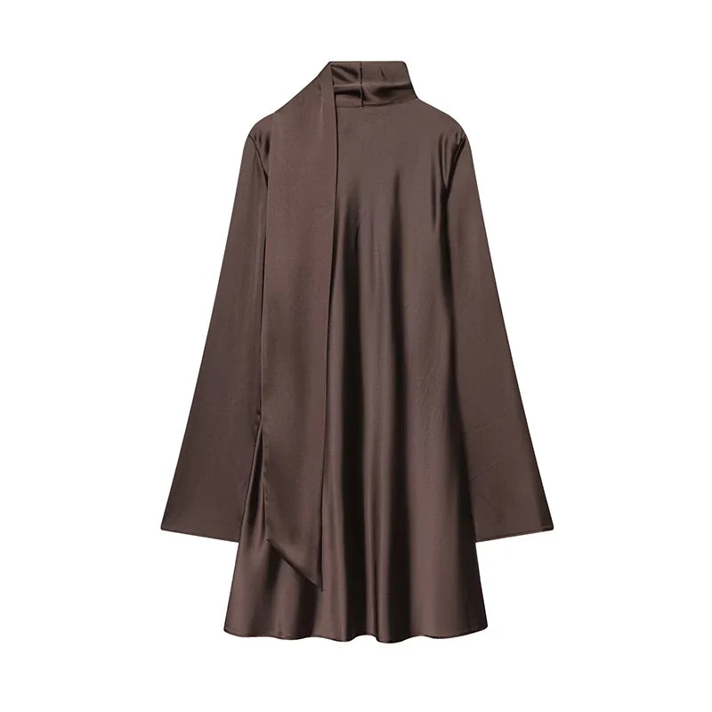 Women Fashion Satin Elegant Short Dress Summer Autumn New Long Sleeve Scarf V neck Mini Dress Female Elegant Party Dresses
