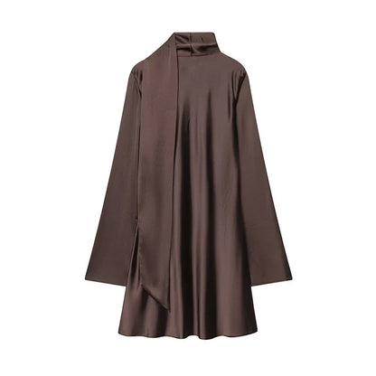 Women Fashion Satin Elegant Short Dress Summer Autumn New Long Sleeve Scarf V neck Mini Dress Female Elegant Party Dresses
