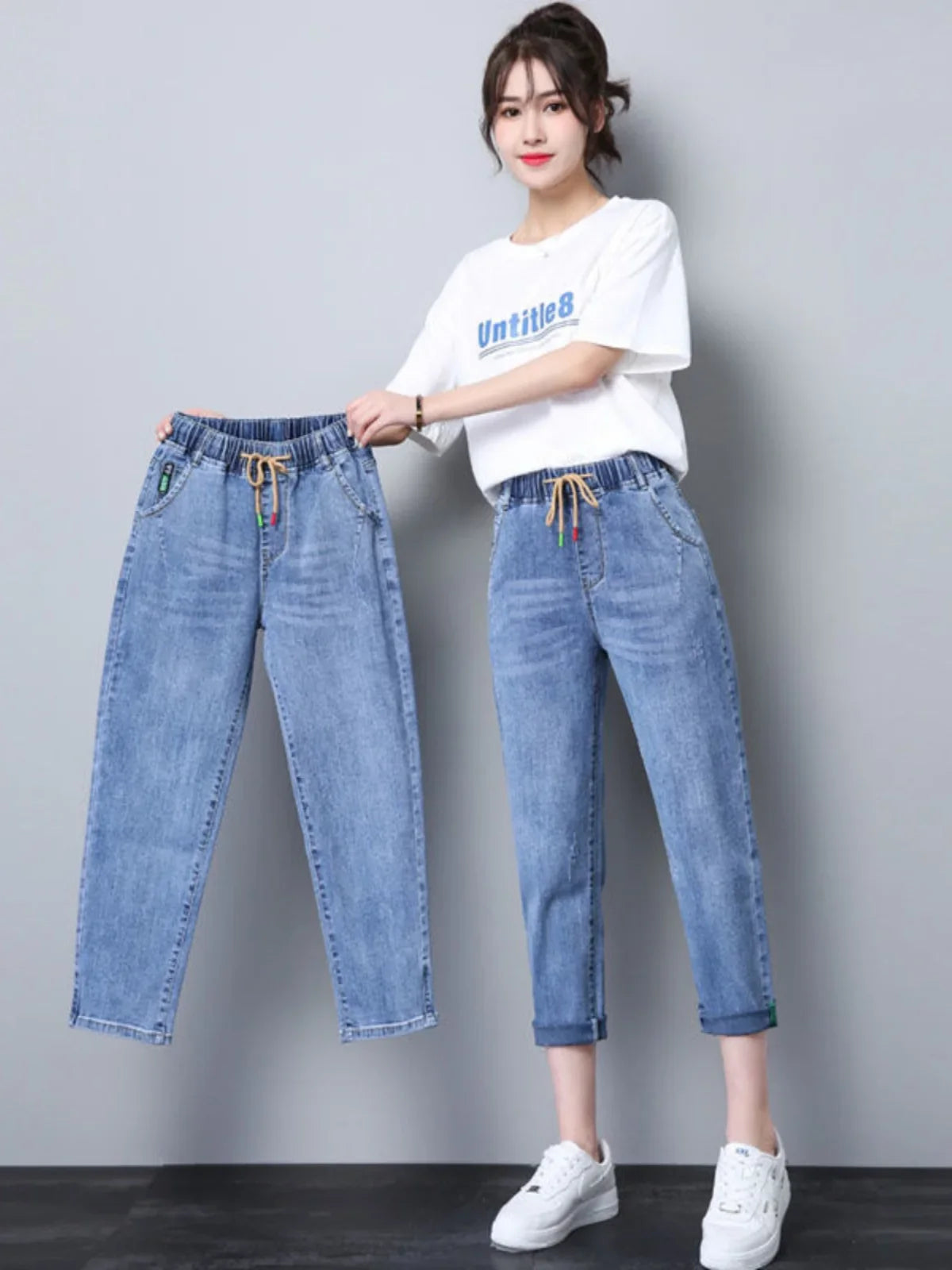Elastic Waist Dad Harem Jeans Women's Light Blue Spring Summer New Style High Waist Wear Resistant Eighteen Inches Blue Jeans