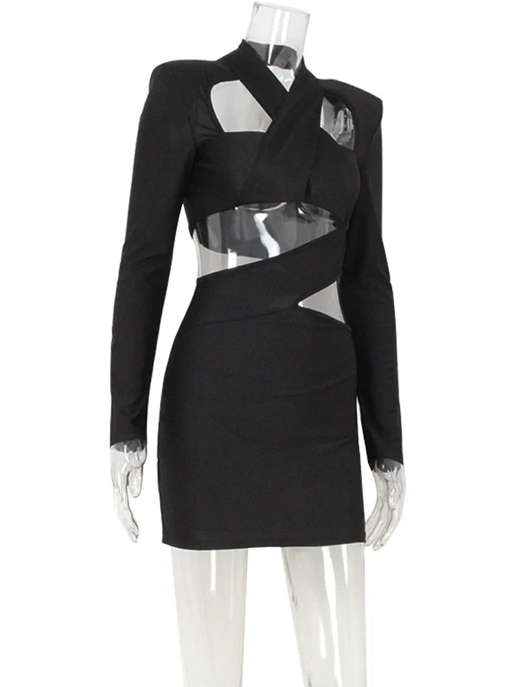 Sexy Club Women's Mini Dresses Solid Hollow Out V-Neck Regular Long Sleeves Sheath Bodycon Slim Fit Streetwear Vestidos