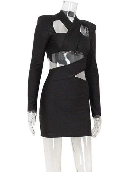Sexy Club Women's Mini Dresses Solid Hollow Out V-Neck Regular Long Sleeves Sheath Bodycon Slim Fit Streetwear Vestidos