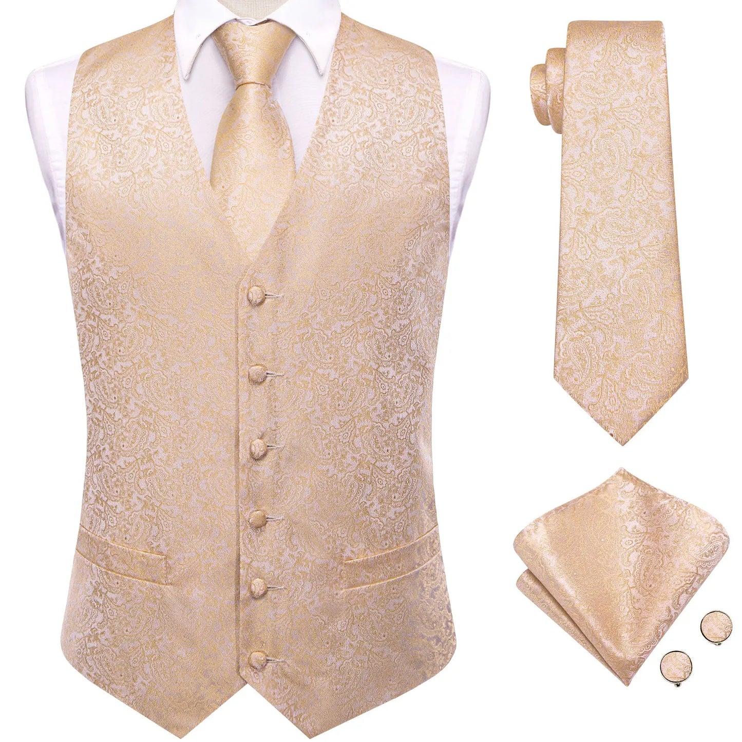 Men Paisley Print Vest Matching Set Waistcoat Tie Hanky Cufflinks Formal Wedding Party Gentleman Suit Accessories Kit