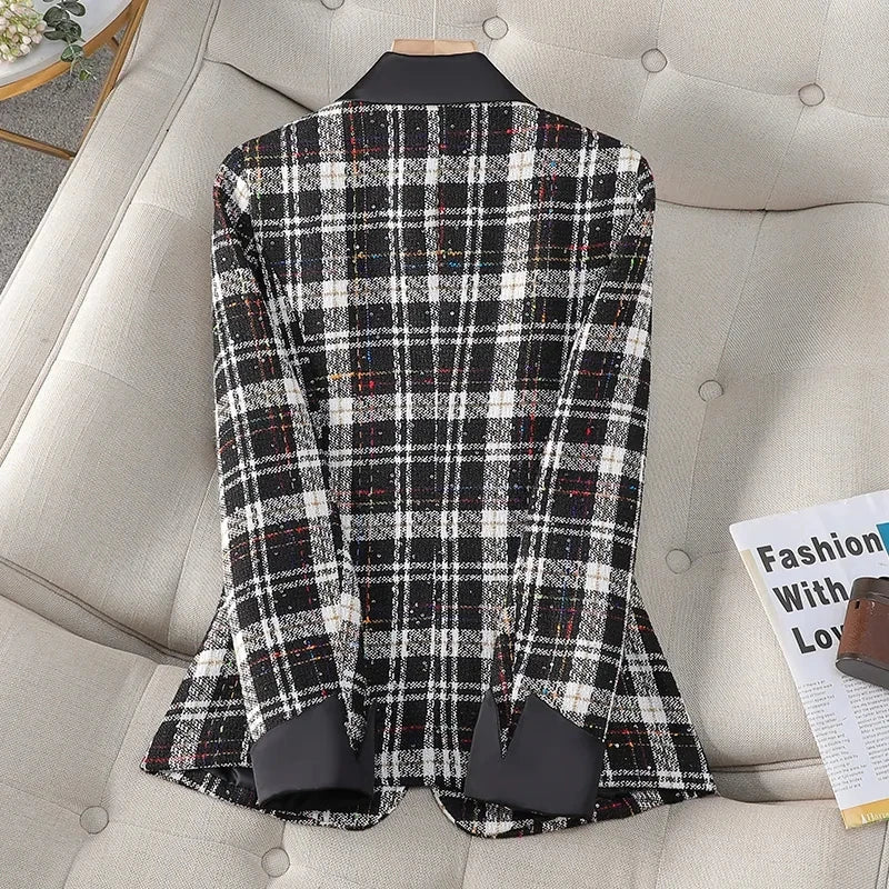 Spring Autumn Women's Blazer Jacket 2025 Casual Korean Version Ladies Suit Coat Long Sleeve Plaid Tweed Fashion Lady Outerwear