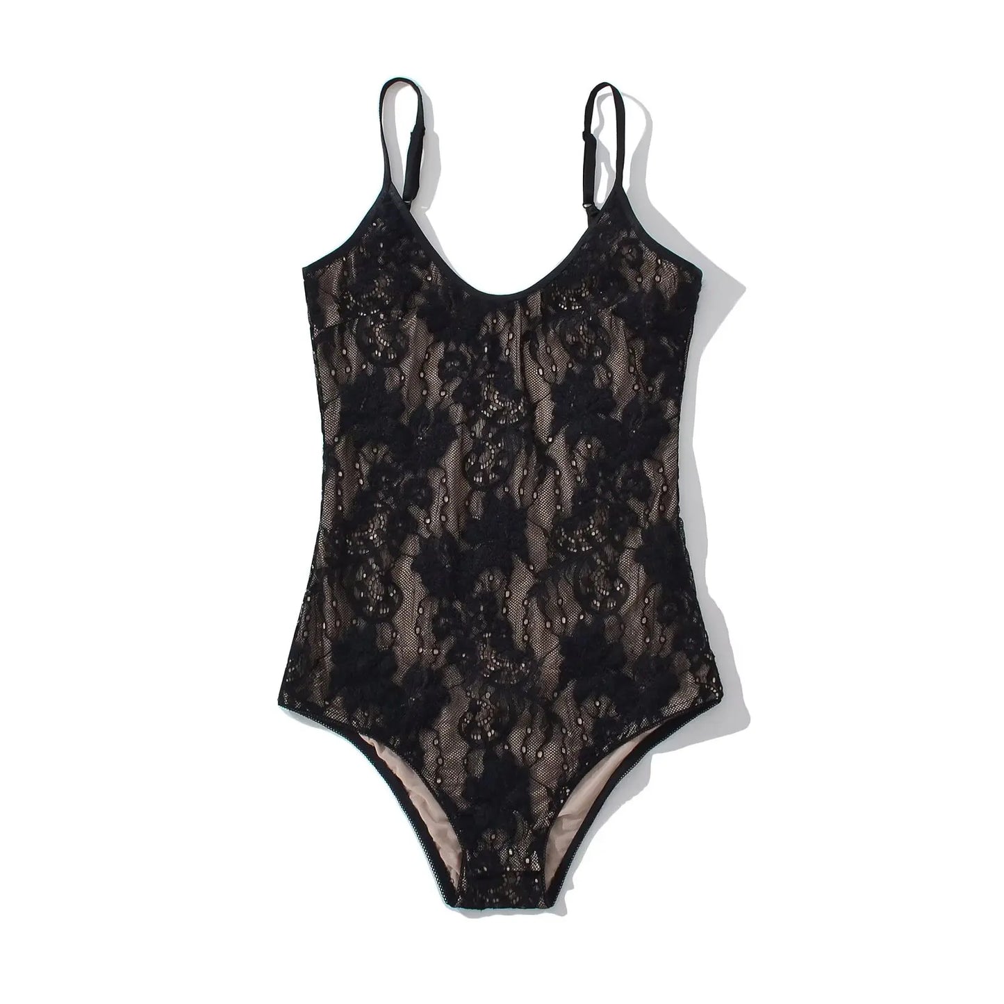Sexy See Through Lace With Lining Backless Spaghetti Strap Bodysuit Woman Sling Tight Short Jumpsuit Slim Fit Rompers Playsuits