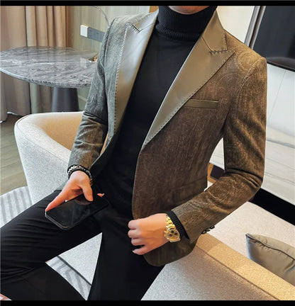 2025 Fashion Leather Neck Spliced Suit Jacket Luxury Men's Business Slim Fit Social Formal Blazers Coats Wedding Groom Tuxedos