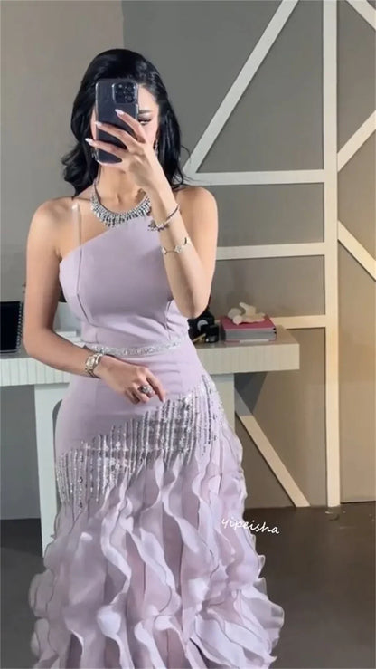 Customized Evening Jersey Sparkle Exquisite Beading Pleated Party Ruched A-line Strapless Sleeveless Occasion Gowns for Women